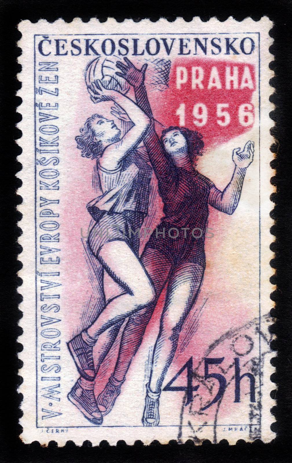 CZECHOSLOVAKIA - CIRCA 1956: stamp printed by Czechoslovakia, shows competition in women's basketball in Prague , circa 1956