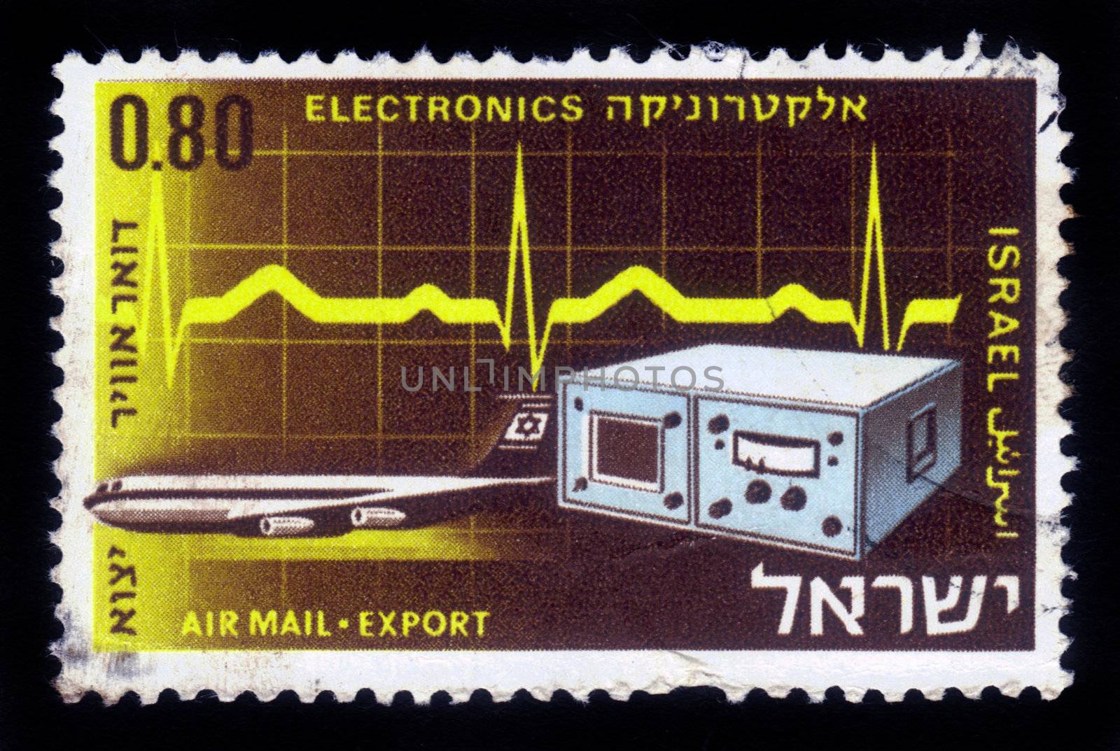 ISRAEL - CIRCA 1968: A stamp printed in Israel, shows electronic measuring device on background signal of oscilloscope and transport aircraft of El Al , series Israel products exported by air, circa 1968