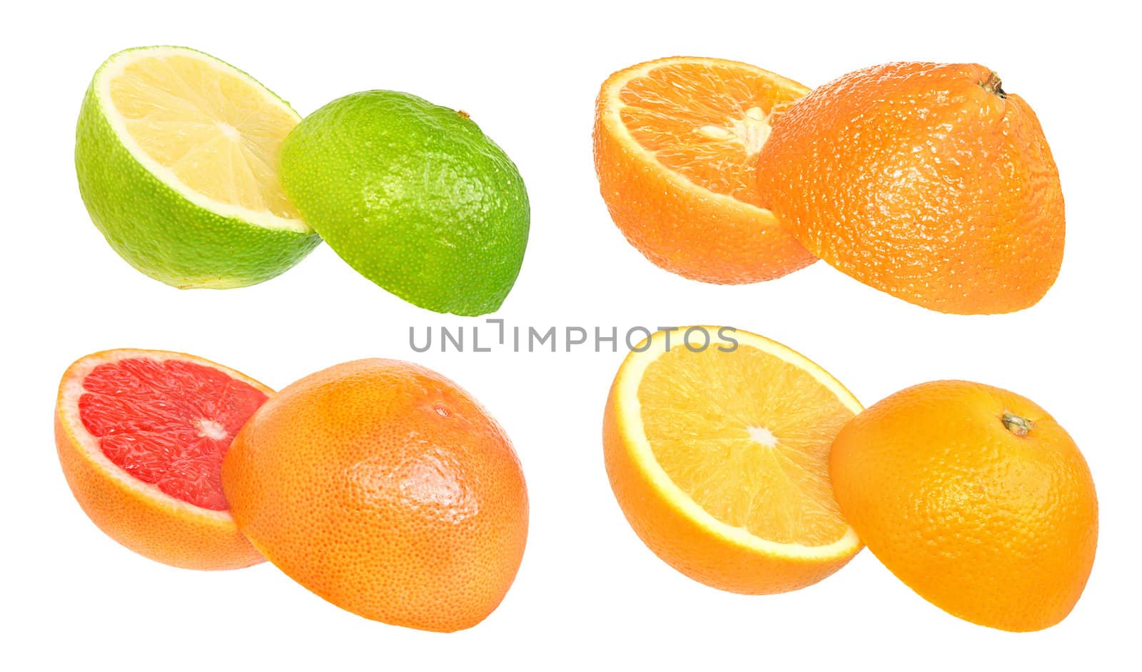 Set of citrus fruit on a white background.