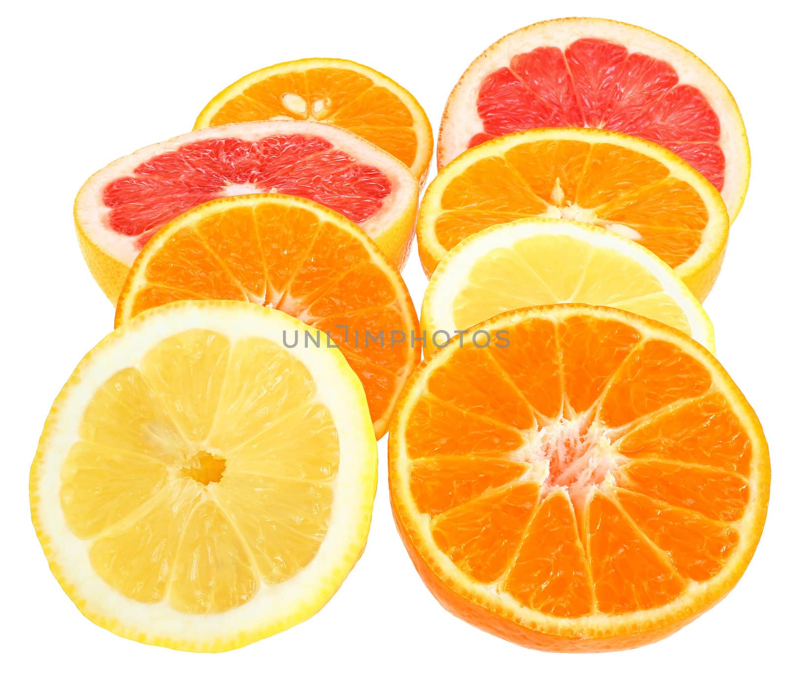 Fresh orange and tangerine on a white background.