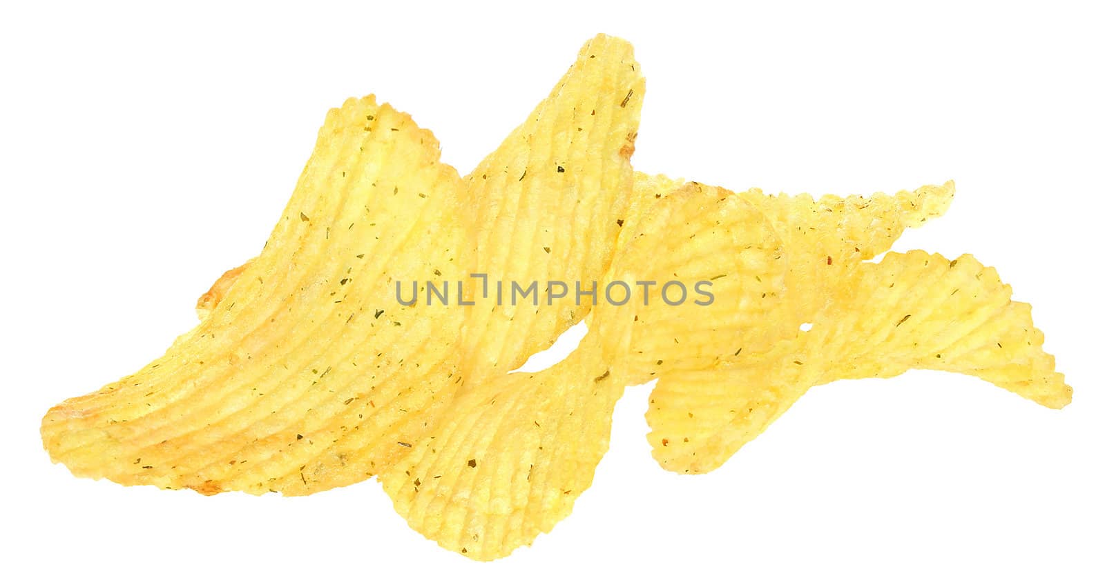 Potato chips on a white background.