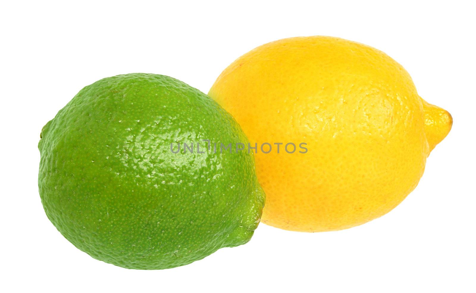 Fresh limes and lemons on a white background.