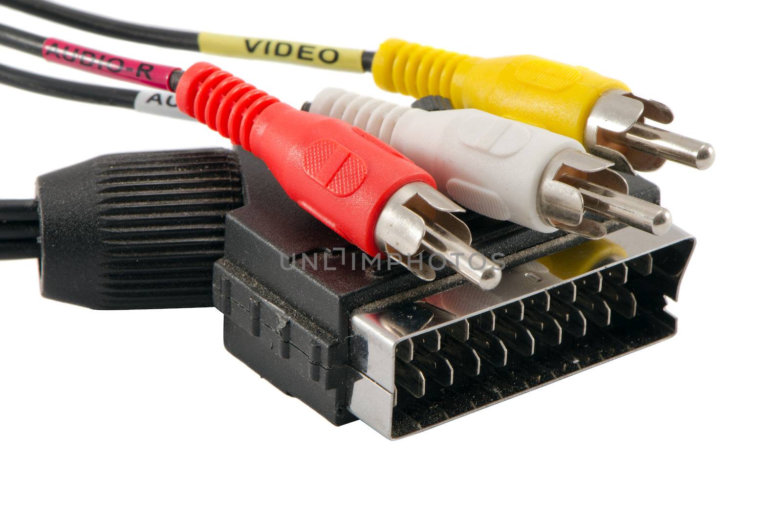 TV SCART cable connector and audio video colorful tulip wires plugs isolated on white background.