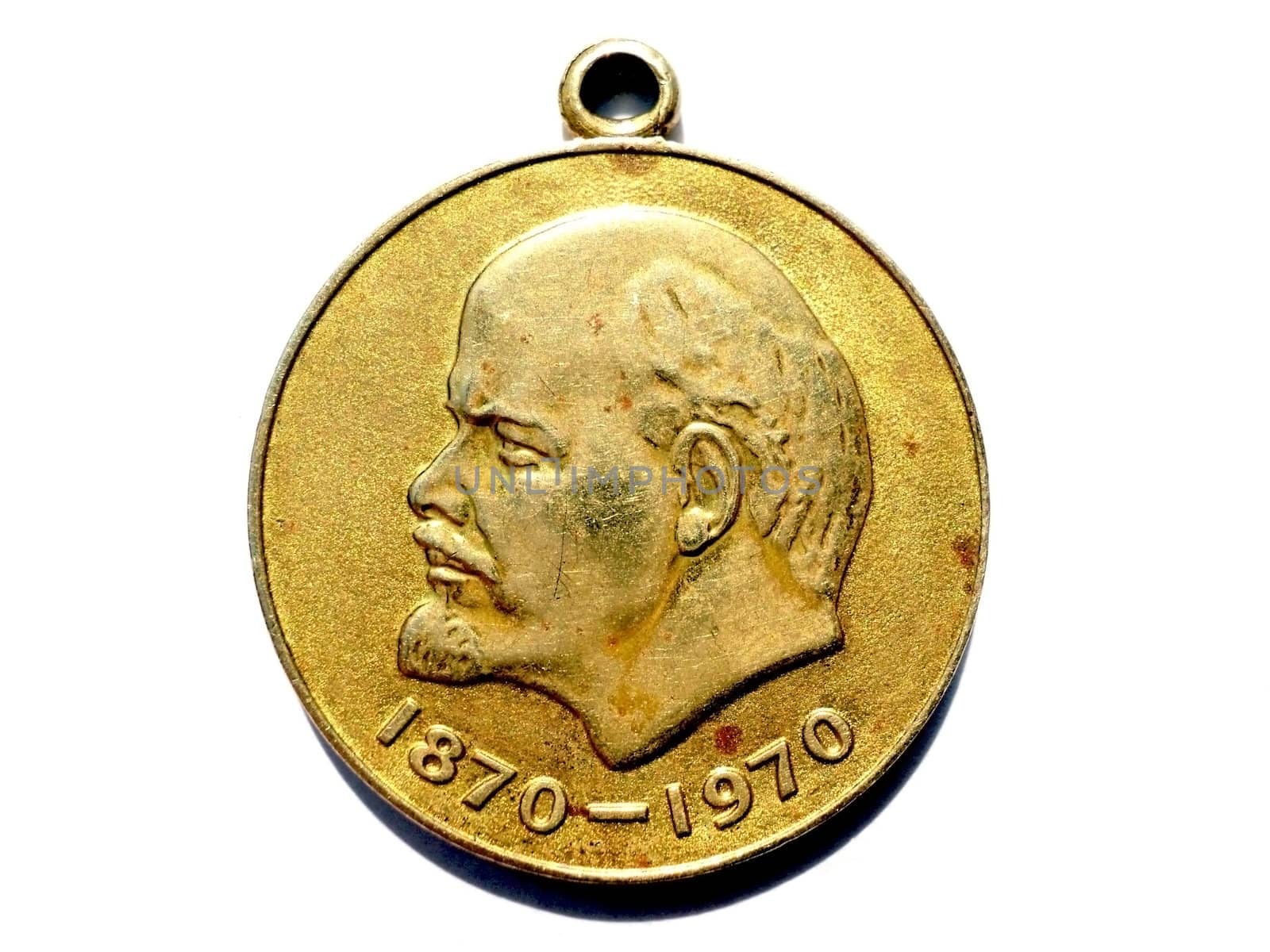        
Isolated subject - old medal of the close-up on a white background               