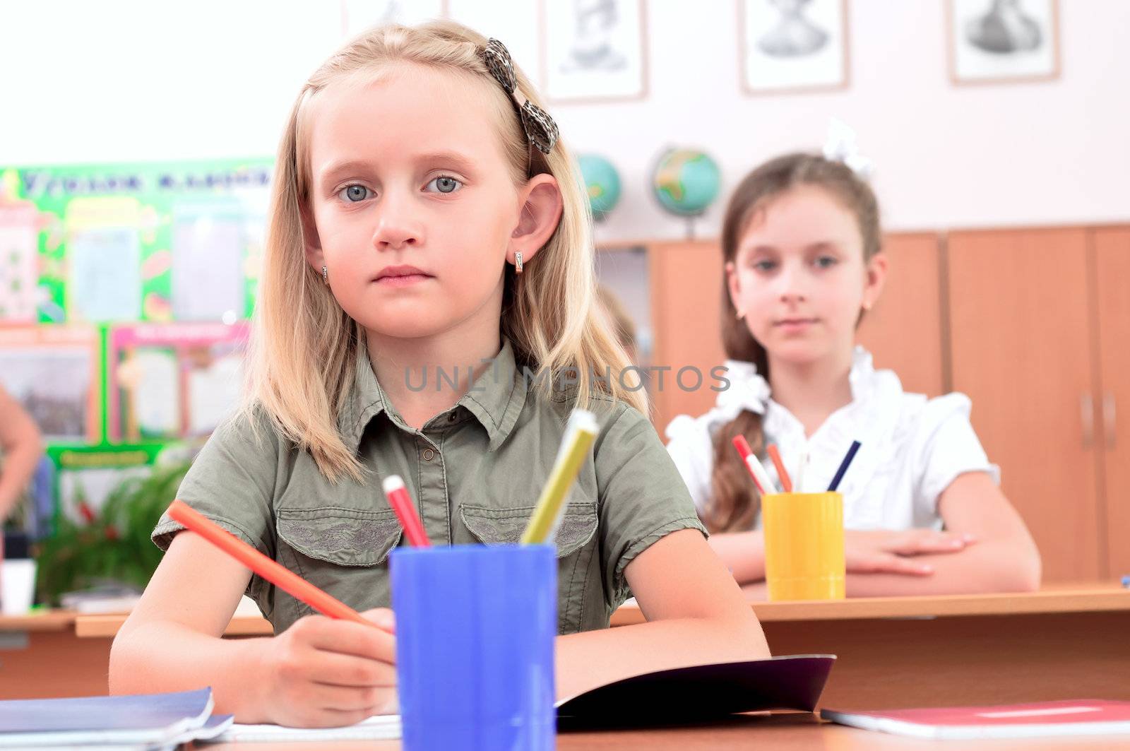 portrait of students in the classroom, sit at school desks