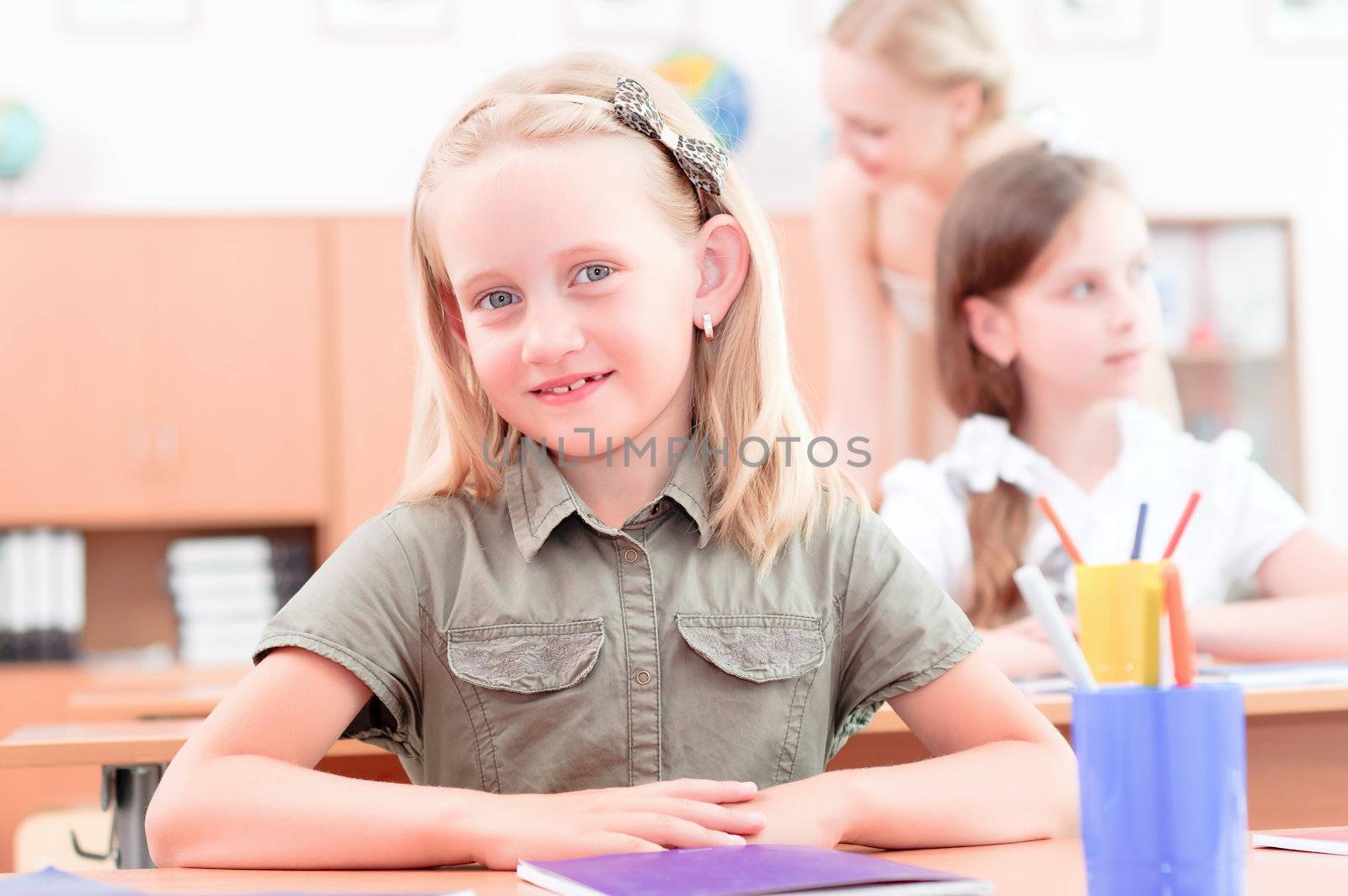 portrait of students in the classroom, sit at school desks