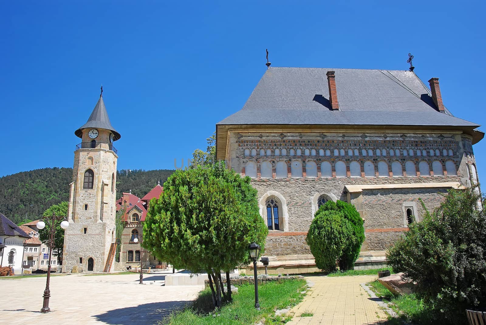 Historic complex in Romania: Tower and church of Stephen the Great