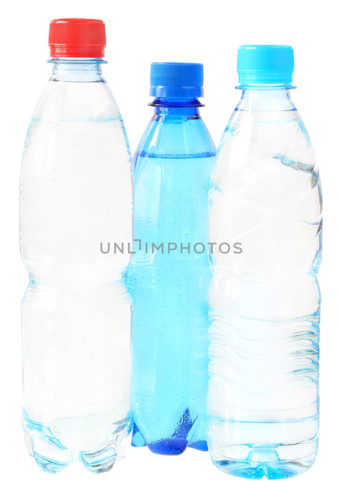 Bottles with water on a white background.