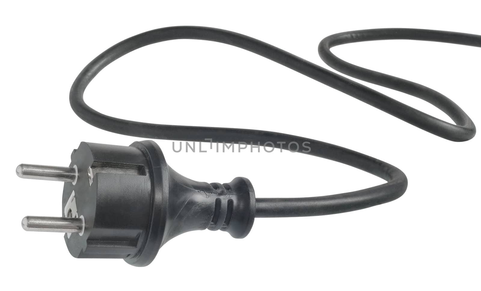 Black electric plug on a white background.