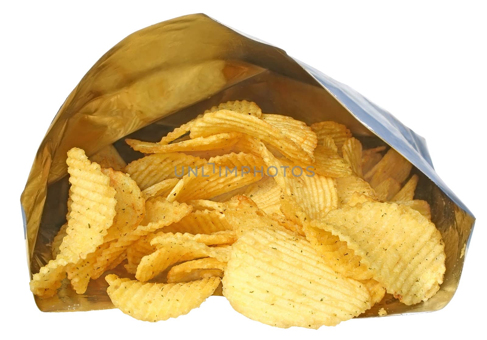 Potato chips on a white background.