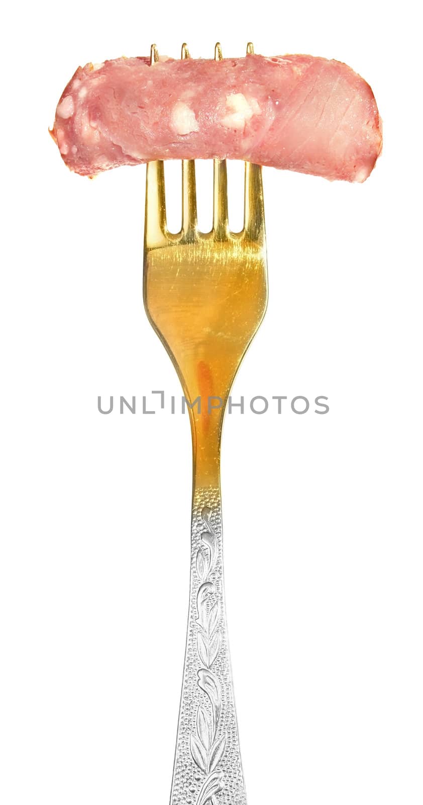 Sausage on a fork on a white background.