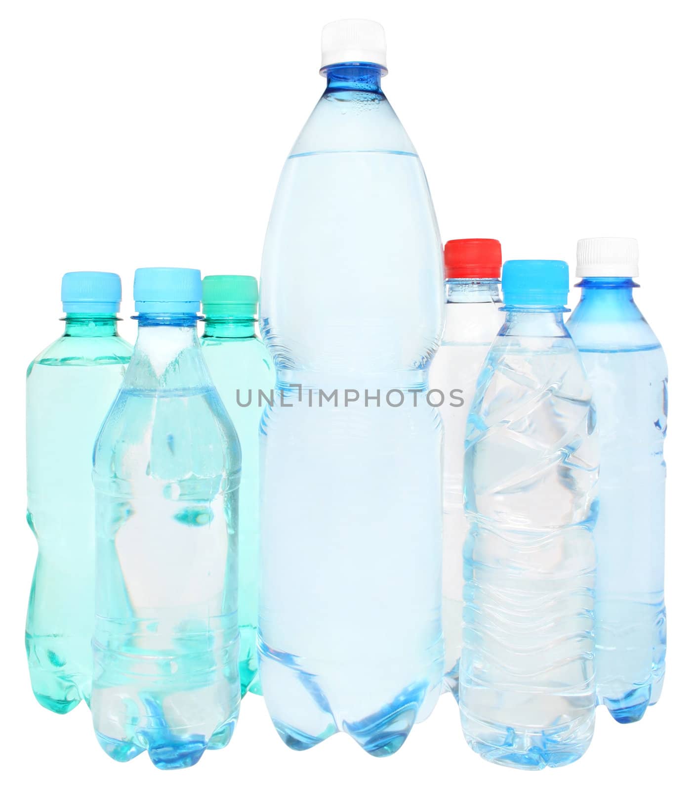 Bottles with water on a white background.