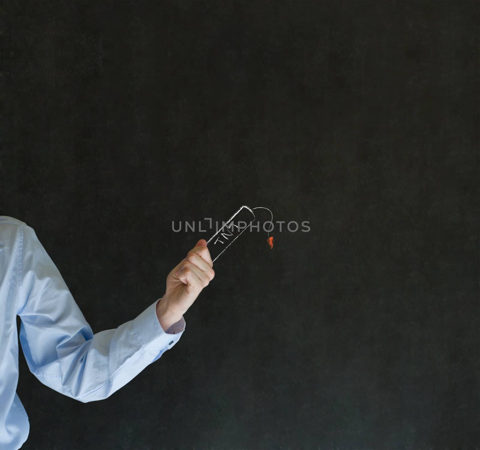Business man, teacher or student arm and hand holding chalk tnt dynamite on blackboard background