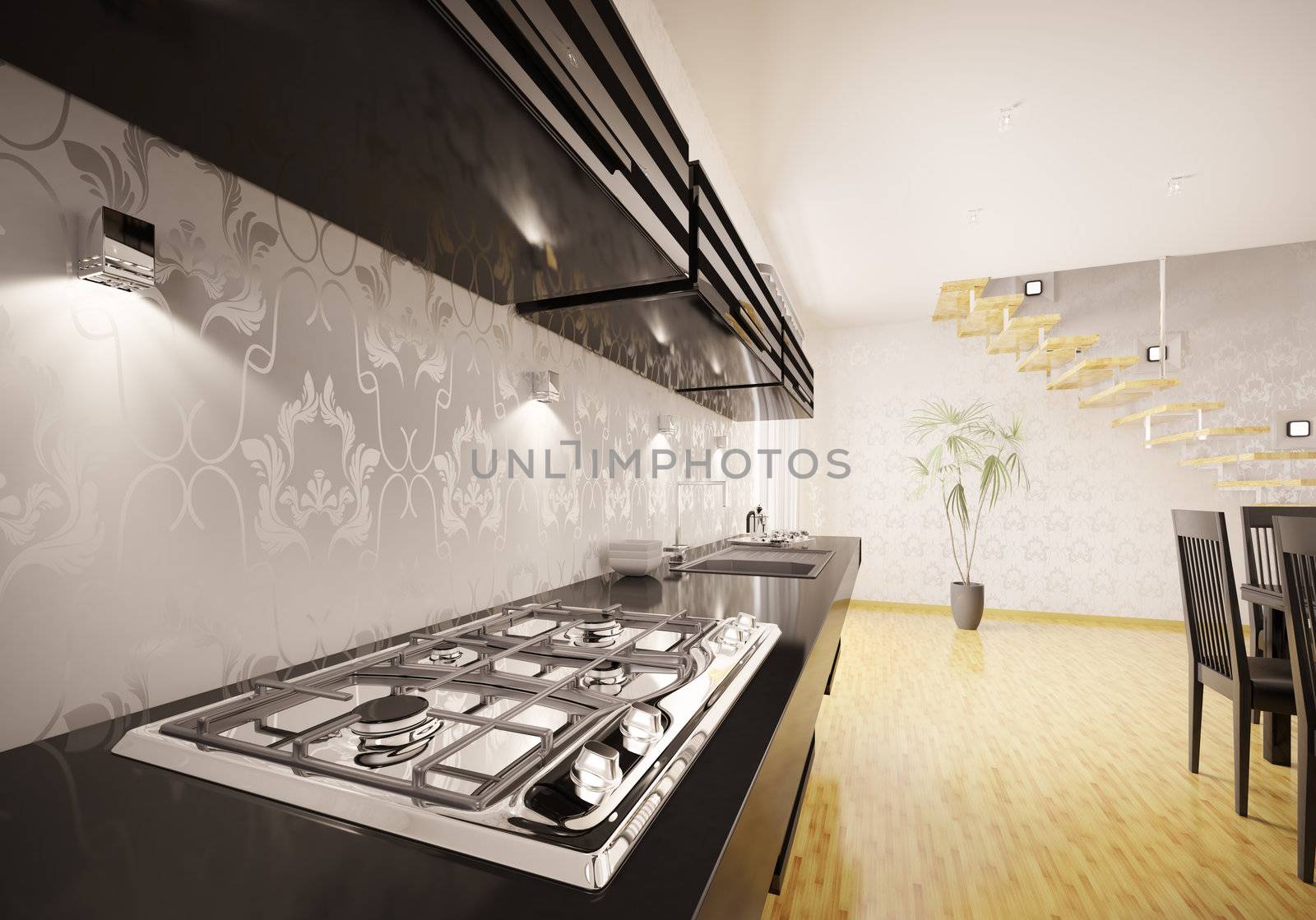 Interior of kitchen with modern gas stove 3d render