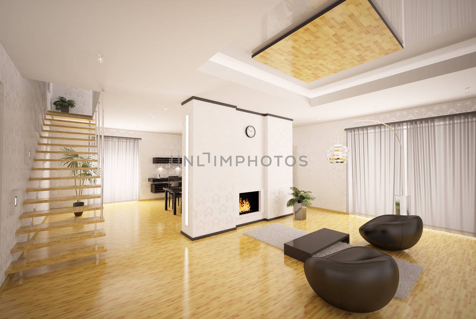 Interior design of modern apartment living room kitchen 3d render