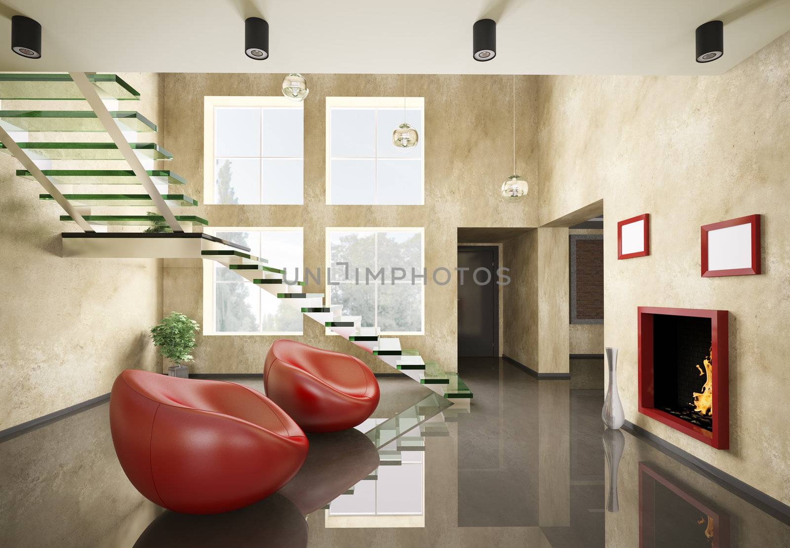 Modern interior with glass staircase and fireplace 3d render