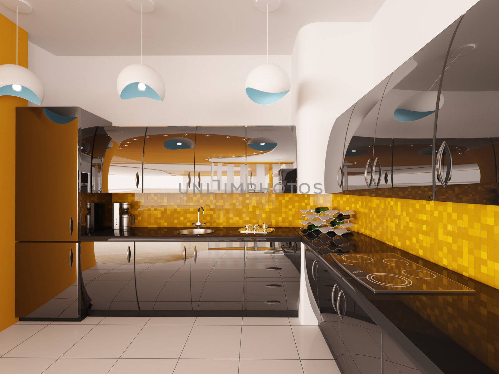 Interior design of modern black kitchen 3d render