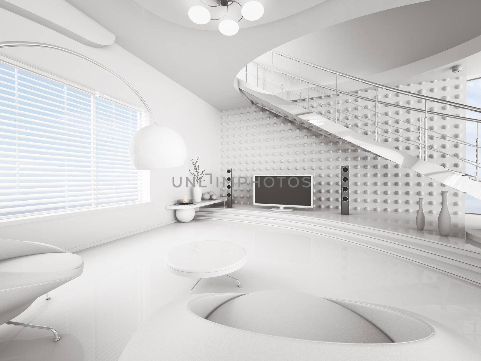 Modern interior of white living room with lcd 3d render