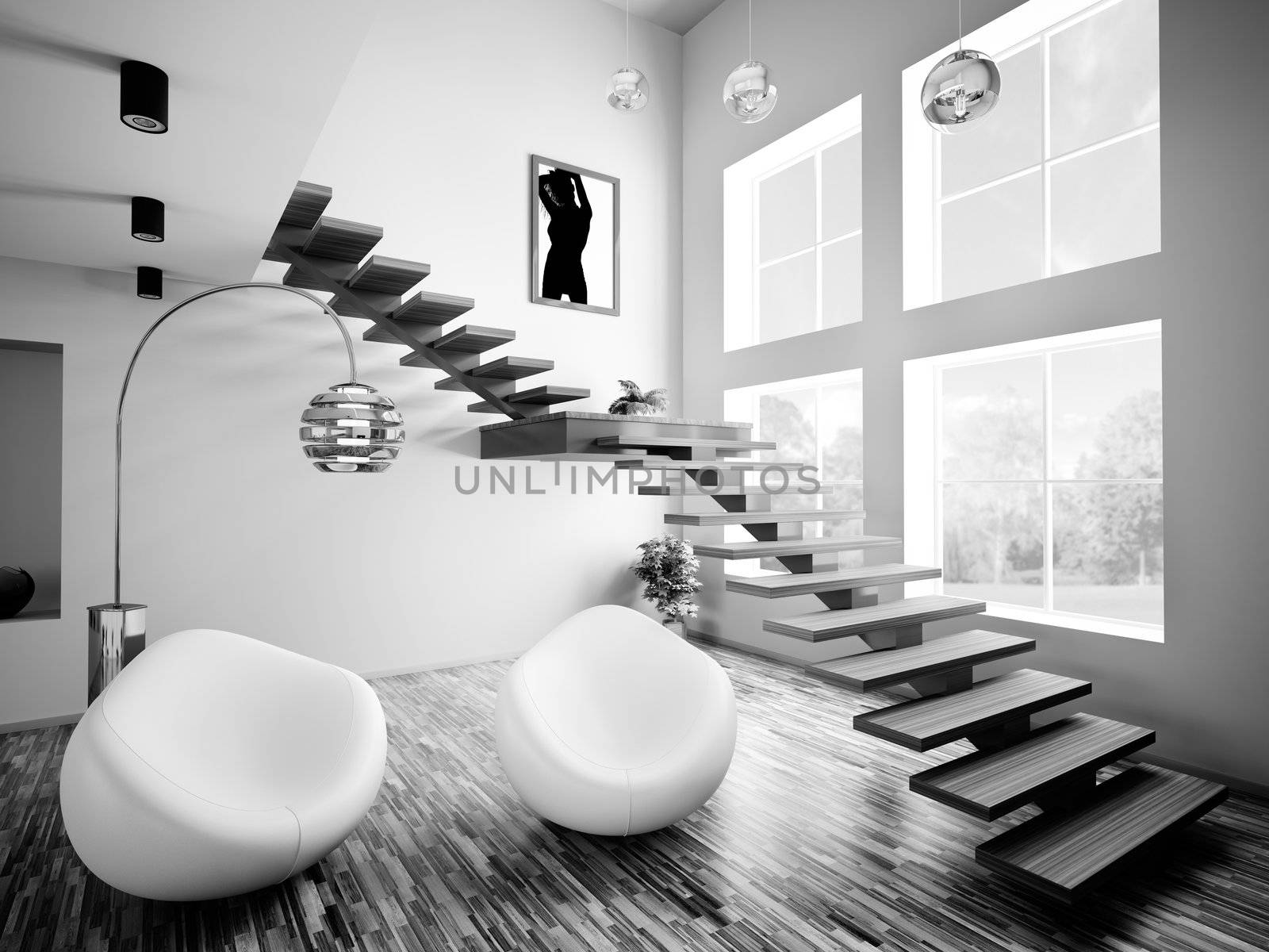 Black white interior with armchairs and staircase 3d render
