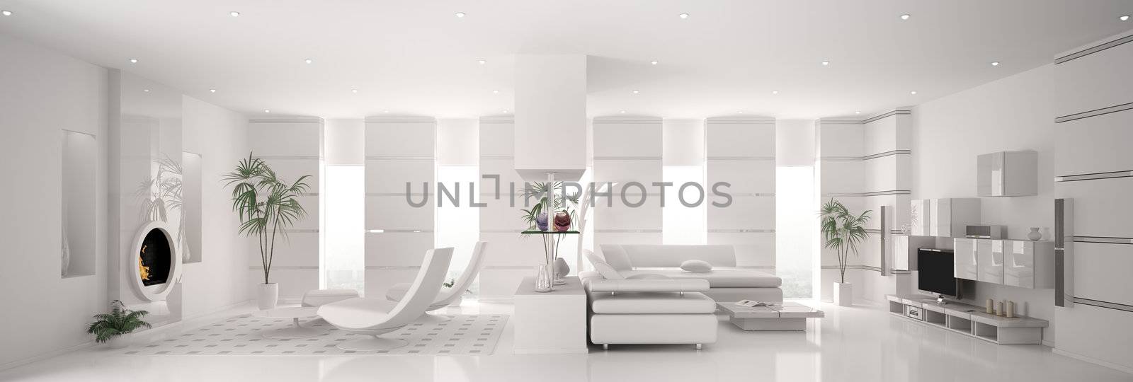 Interior of modern white apartment panorama 3d render