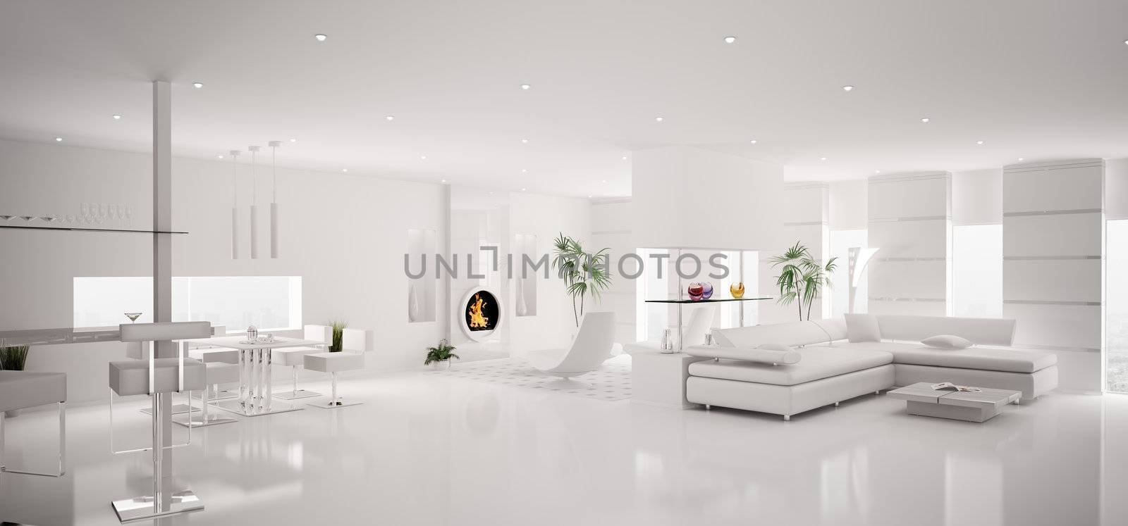 Interior of modern white apartment living dining room panorama 3d render