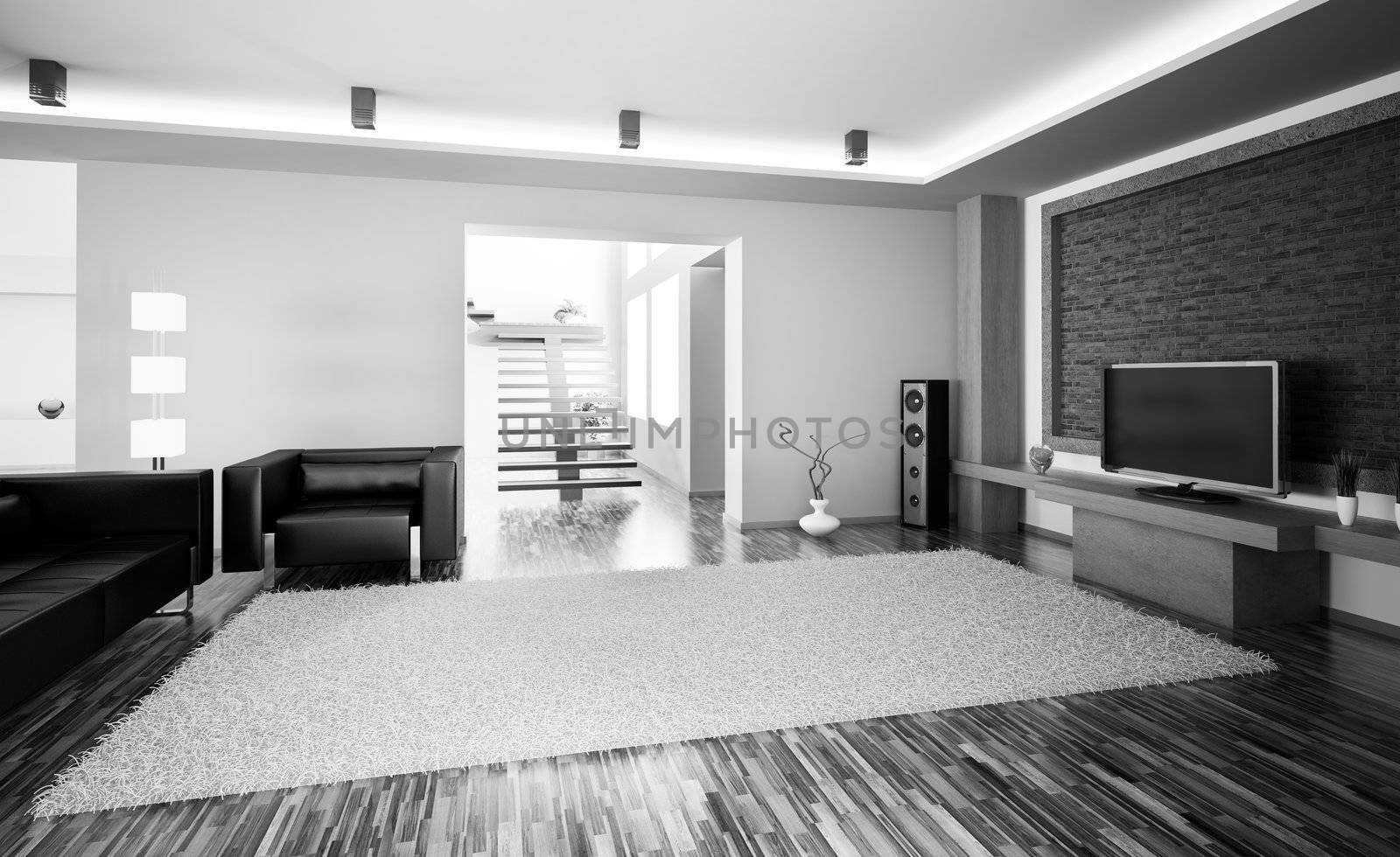 Black white living room with lcd interior 3d render