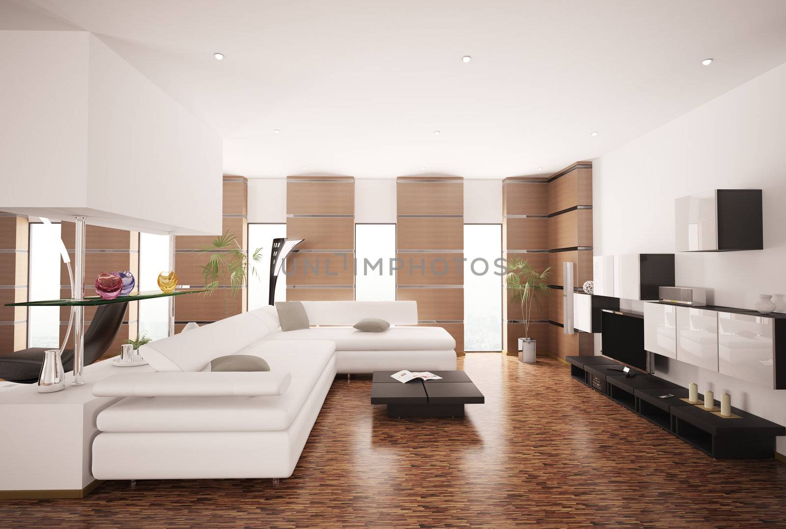Modern living room with white sofa and LCD interior 3d render