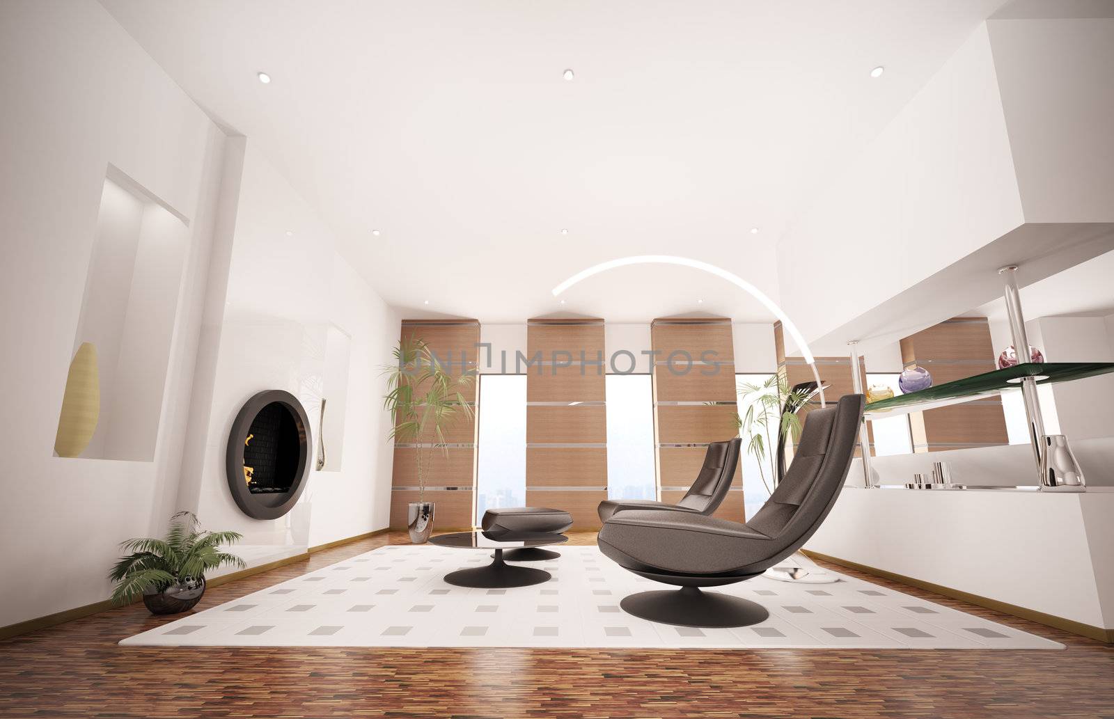 Modern interior of living room with fireplaceand two black armchairs 3d render