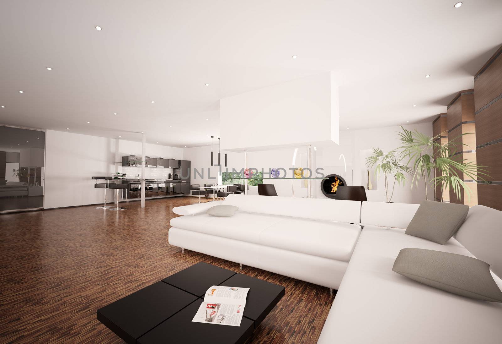 Interior of modern apartment living room kitchen 3d render