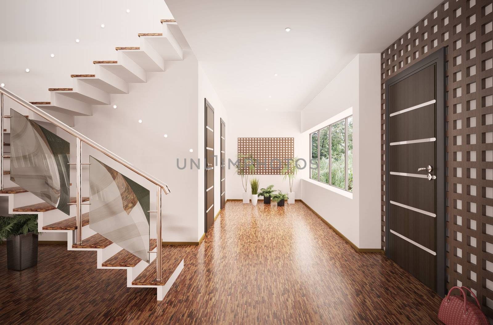 Interior of modern entrance hall with staircase 3d render