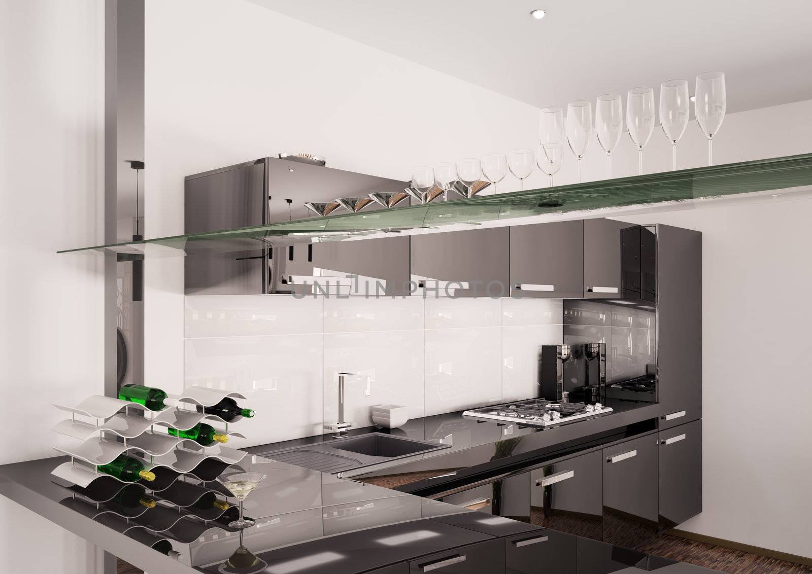 Interior of modern black kitchen 3d render