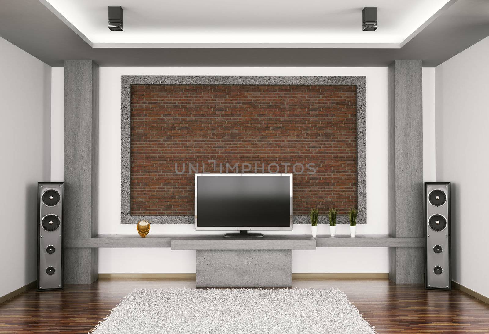Interior of room with lcd and two speakers 3d render