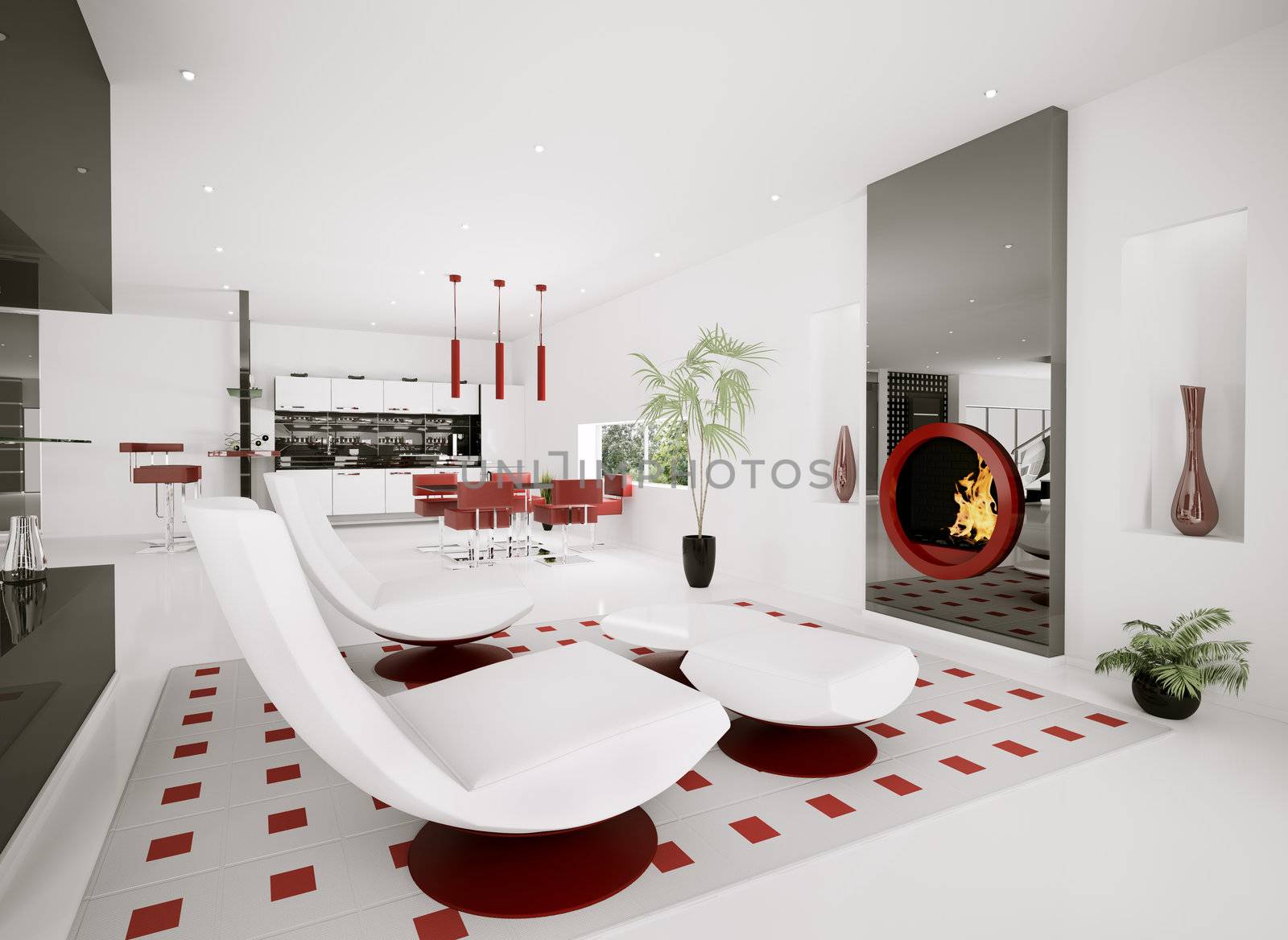 Interior of modern apartment living room kitchen 3d render