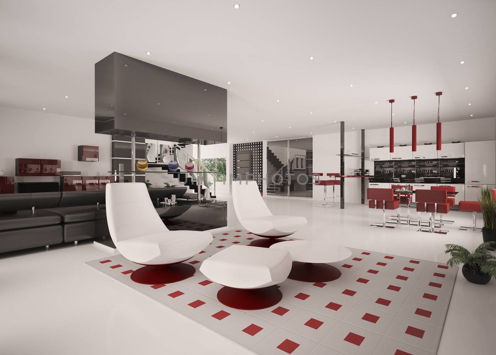 Interior of modern apartment living room kitchen hall 3d render