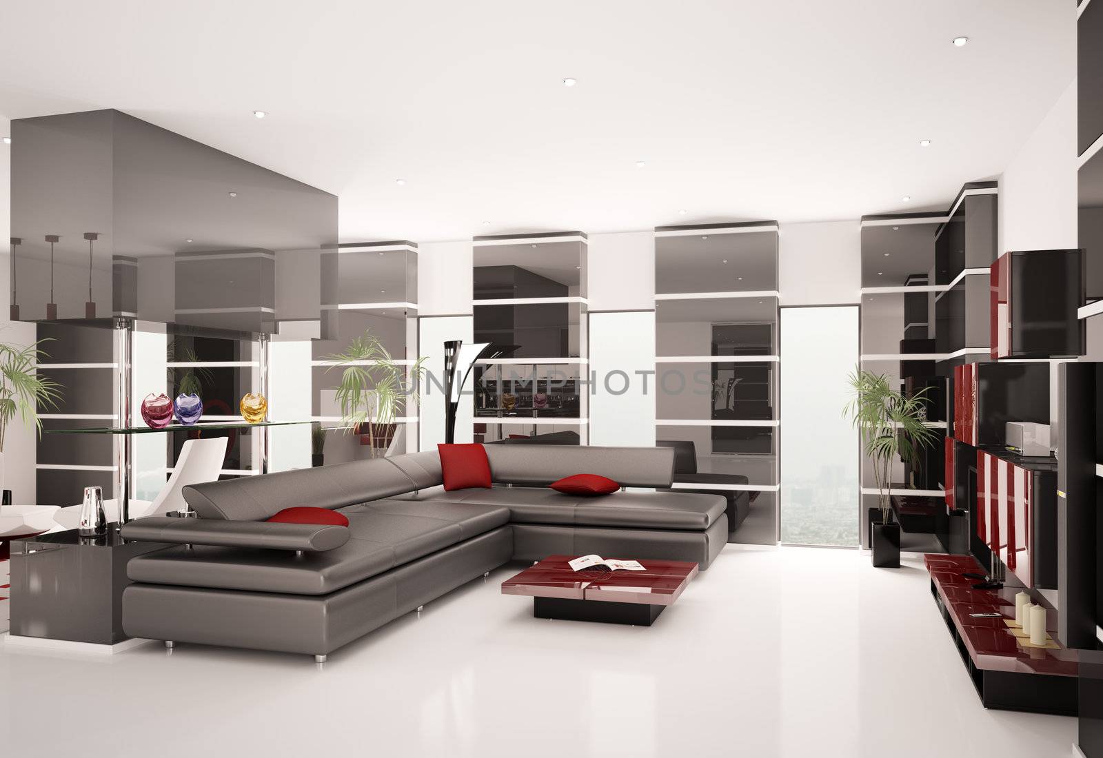 Modern living room with black leather sofa interior 3d render