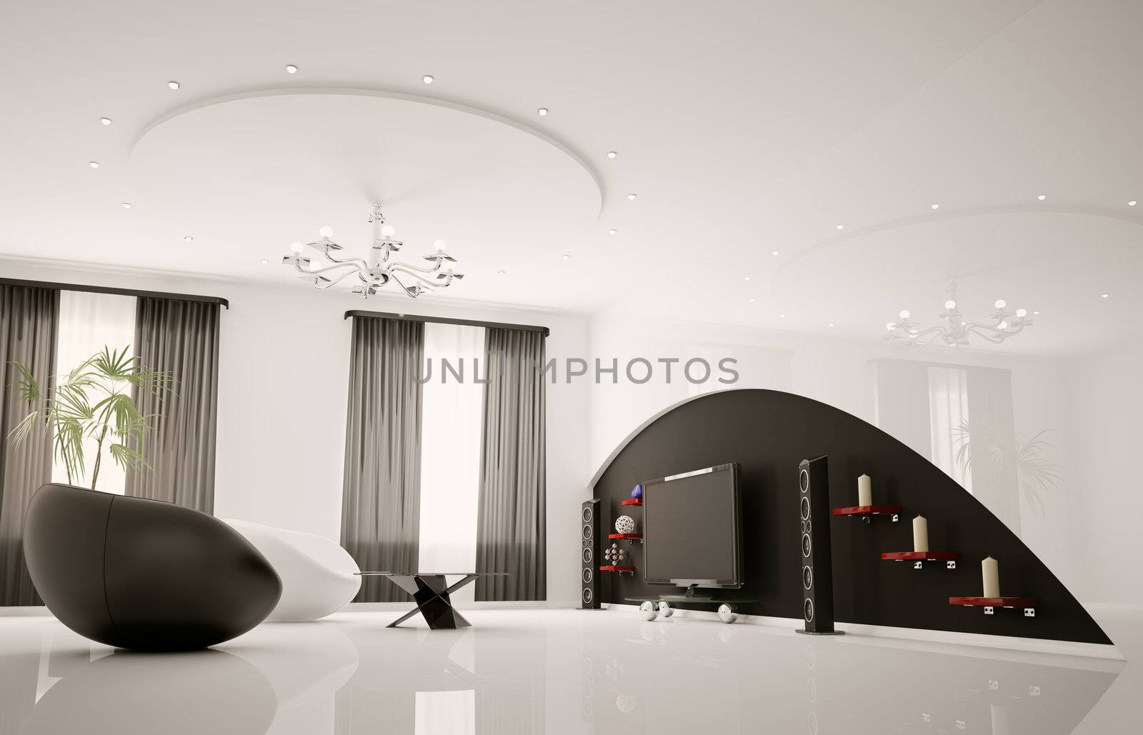 Modern interior of living room with armchairs and lcd 3d render