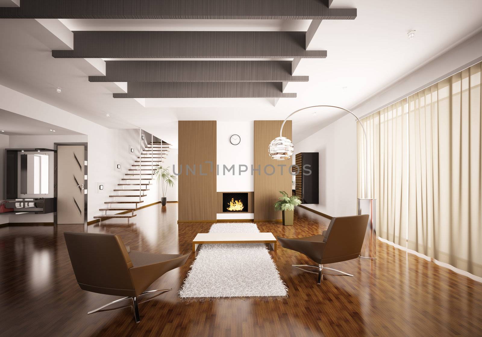 Interior of modern apartment living room hall 3d render