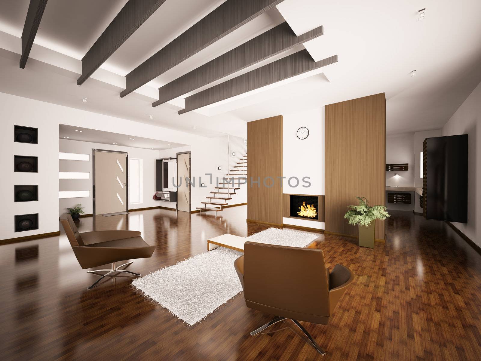 Modern apartment interior with fireplace and staircase living room hall 3d render