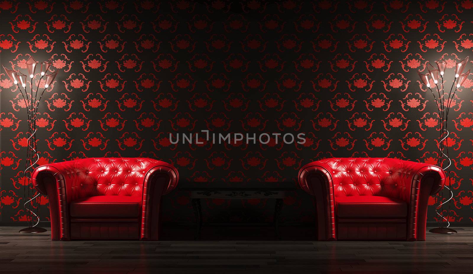 Two red leather armchairs,table and floor lamps 3d render