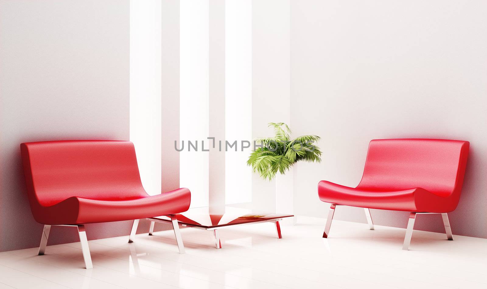 Two armchairs and table in white room 3d render