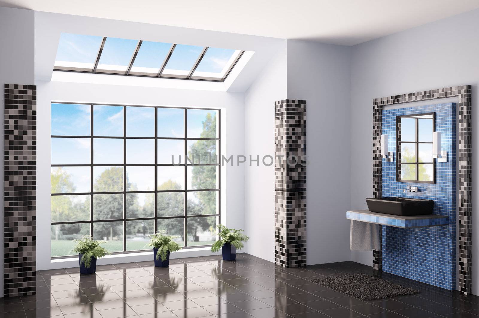 Bathroom with big window interior 3d render