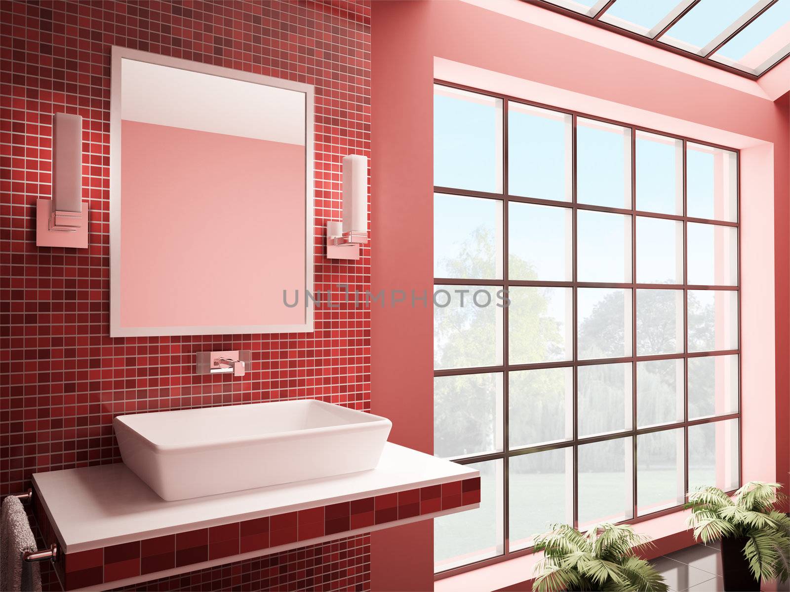 Red bathroom with big window interior 3d render