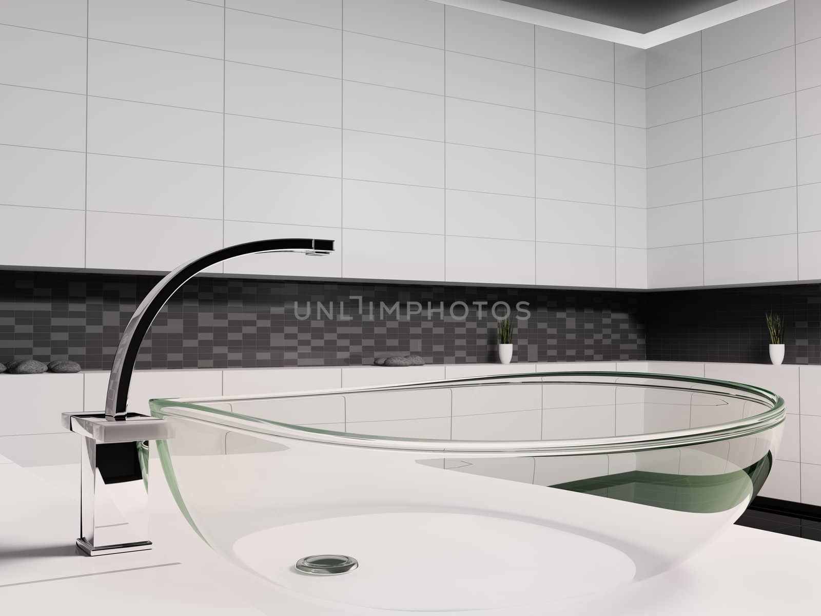 Glass washbasin in black white bathroom 3d render