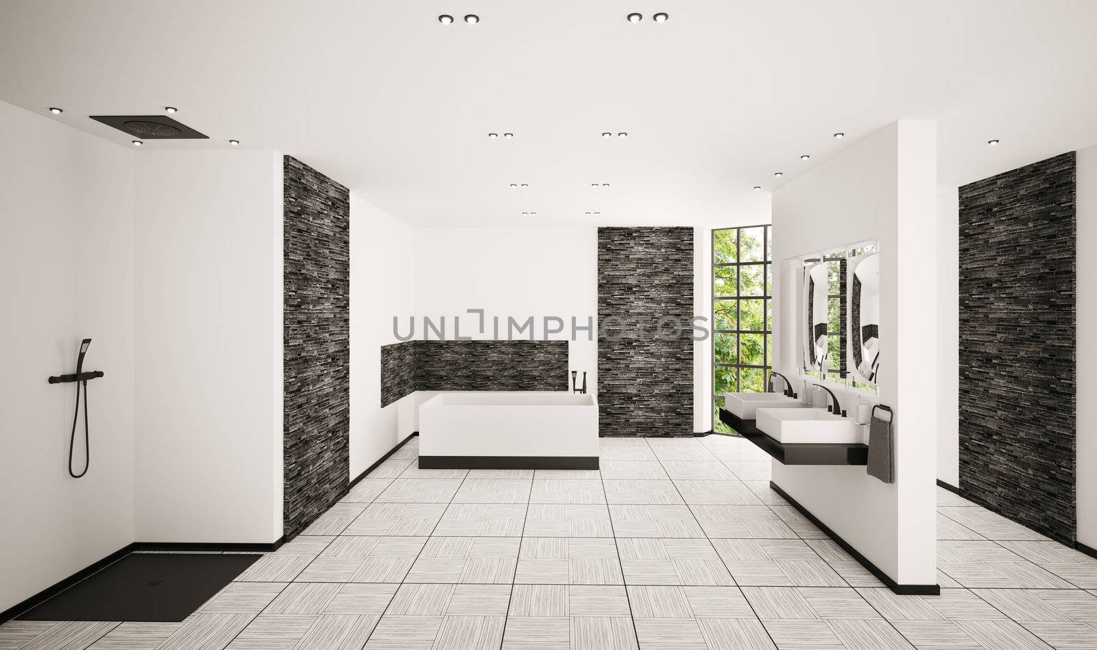 Modern bathroom with black brickwalls interior 3d render