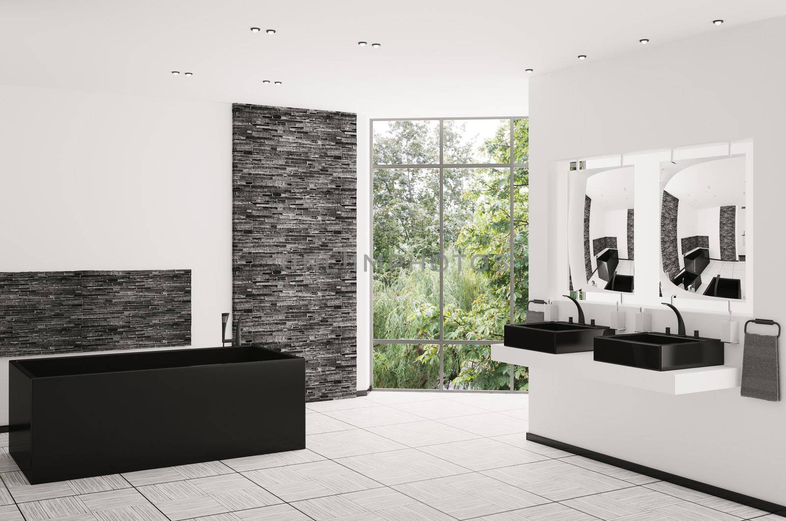 Interior of modern bathroom with black bath and sinks 3d render