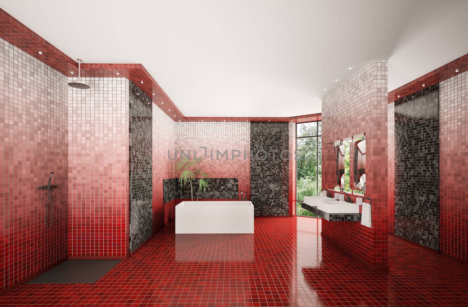 Modern bathroom with red gradient mosaic walls interior 3d render