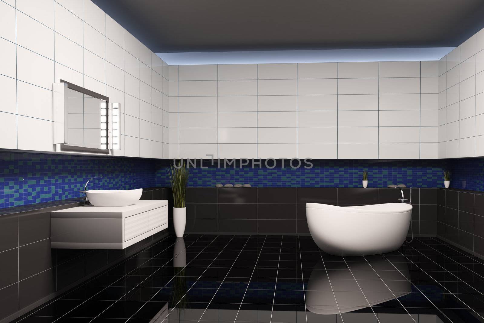 Bathroom with black blue white walls interior 3d