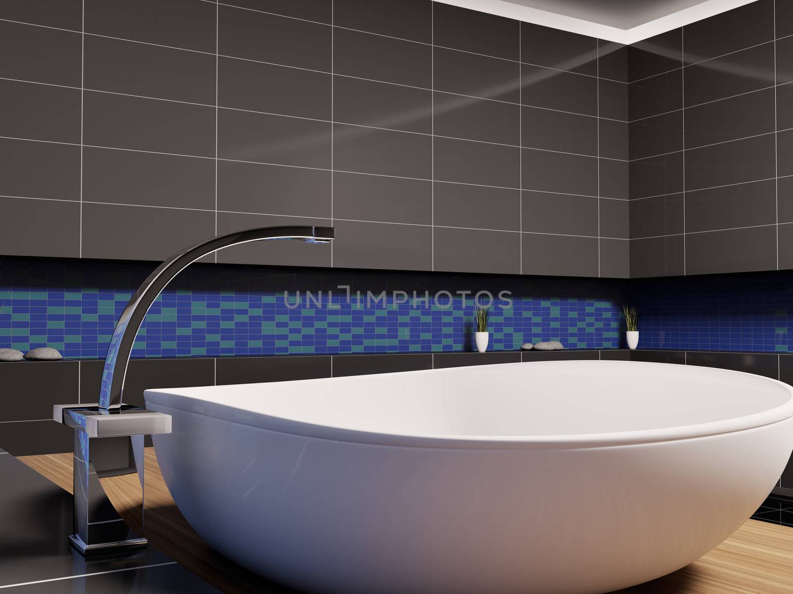 White washbasin in black blue bathroom 3d render