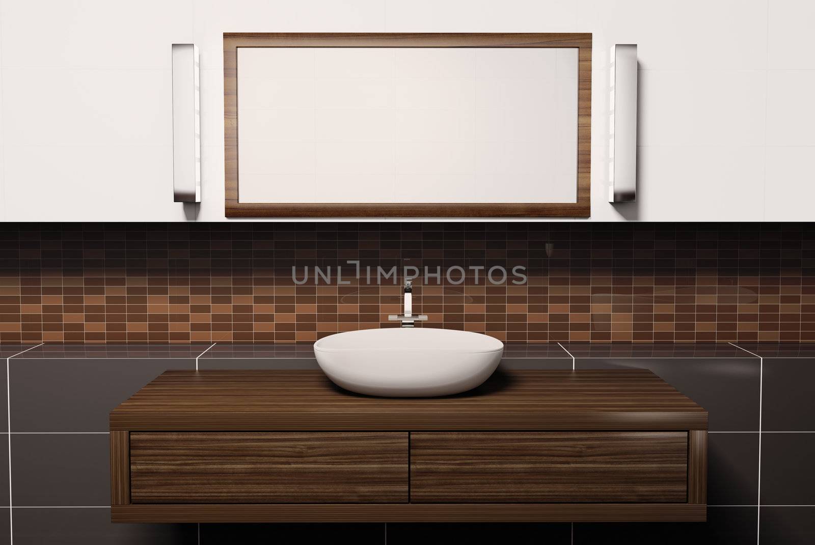 Washbasin mirror and lamps 3d render