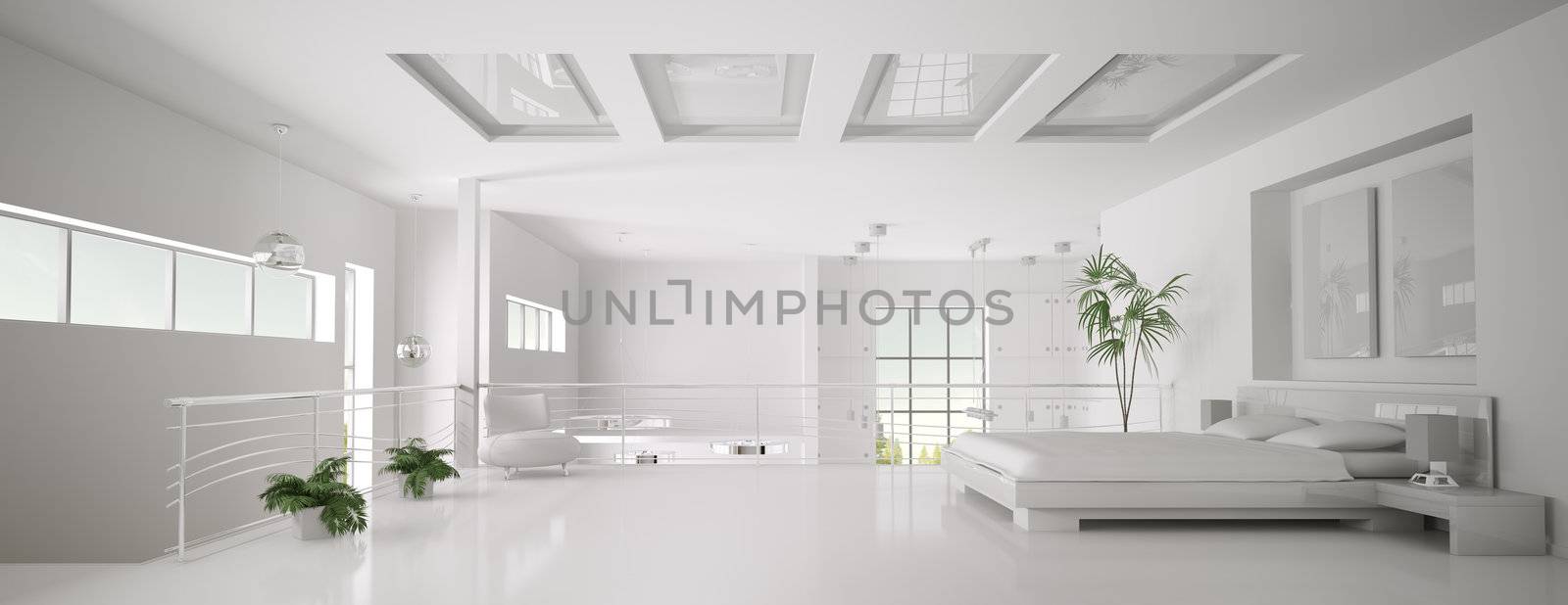 Interior of white bedroom panorama 3d render